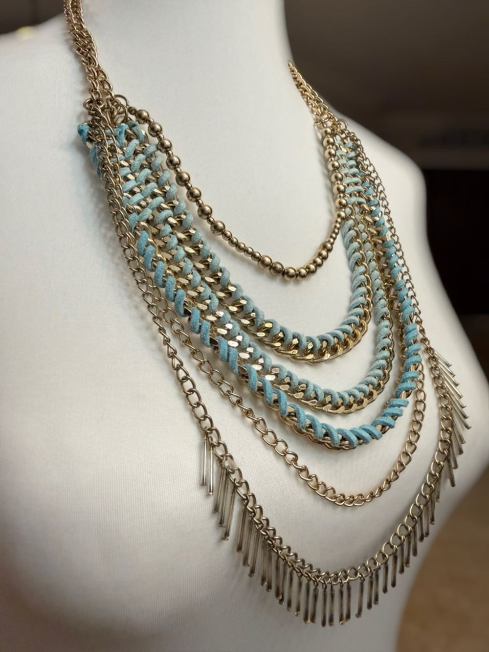 Boho Gold Mixed Chain Blue Woven Tassel Necklace